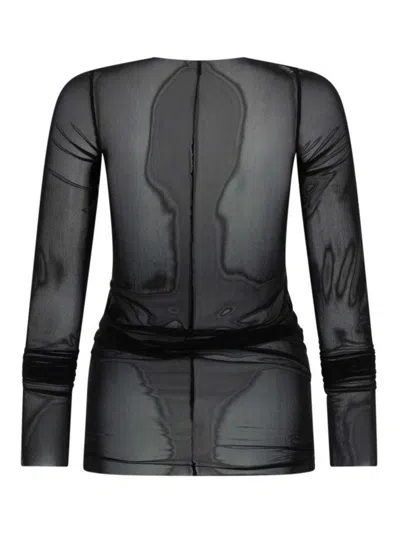 Rick Owens Long Sleeve Stretch Sheer Round Neck Top In Black