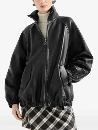 Brunello Cucinelli Leather Bomber Jacket In Black