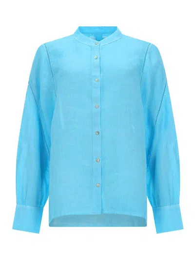 120% Lino Linen Shirt Breathable Collared Long Sleeve In Blue