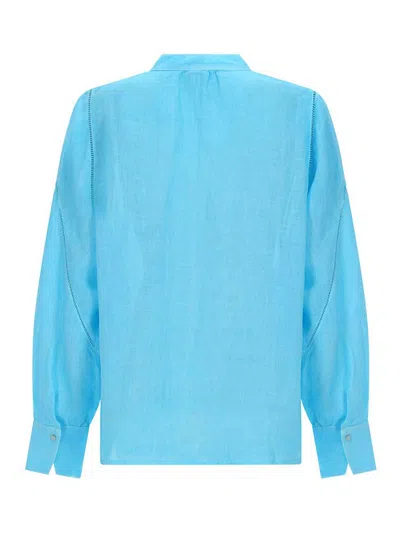 120% Lino Linen Shirt Breathable Collared Long Sleeve In Blue