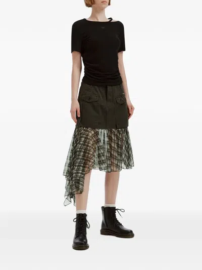 Musium Div. Check-pattern Ruffled Midi Skirt In Black