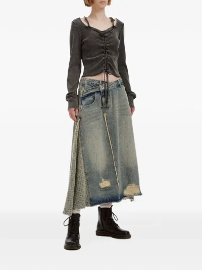 Musium Div. Patchwork Distressed-finish Midi Skirt In Blue