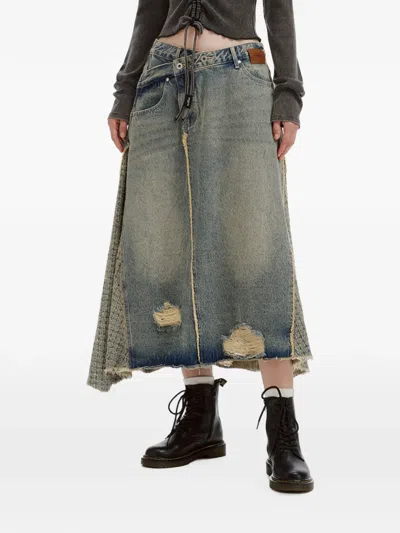 Musium Div. Patchwork Distressed-finish Midi Skirt In Blue