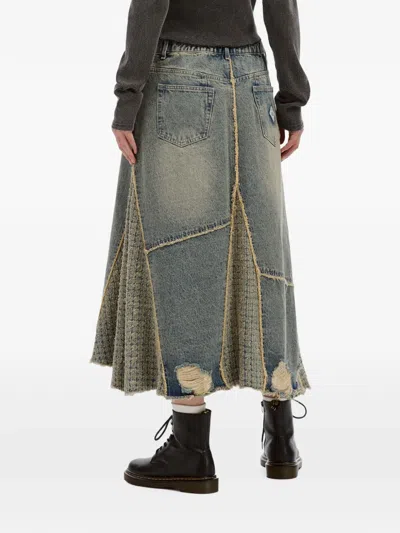 Musium Div. Patchwork Distressed-finish Midi Skirt In Blue