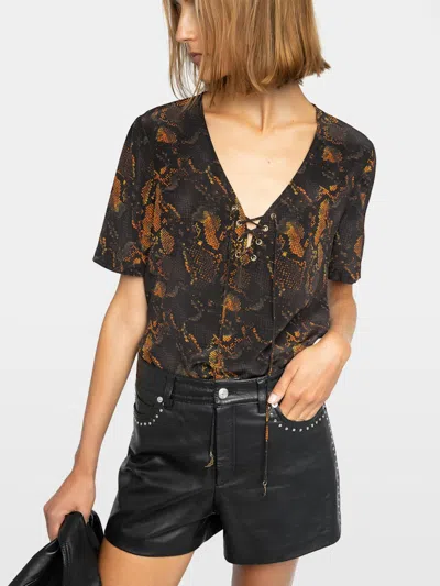 Zadig & Voltaire Terzo Python Print Silk Button-up Shirt In Brown