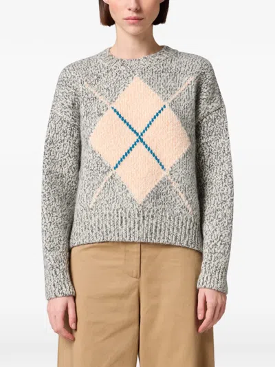 Msgm Argyle-pattern Marl-knit Sweater In Gray