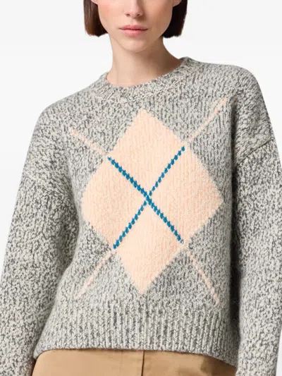 Msgm Argyle-pattern Marl-knit Sweater In Gray