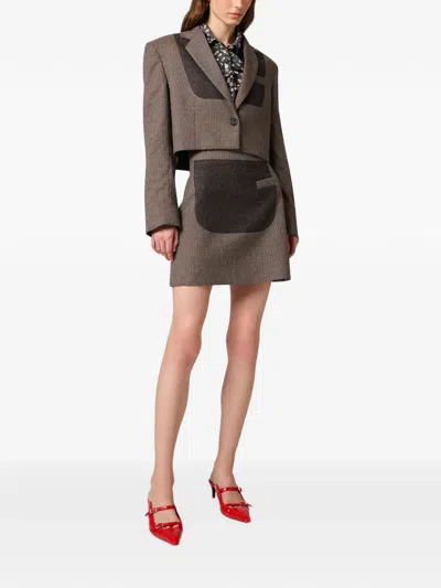 Msgm Check-pattern Cropped Jacket In Brown