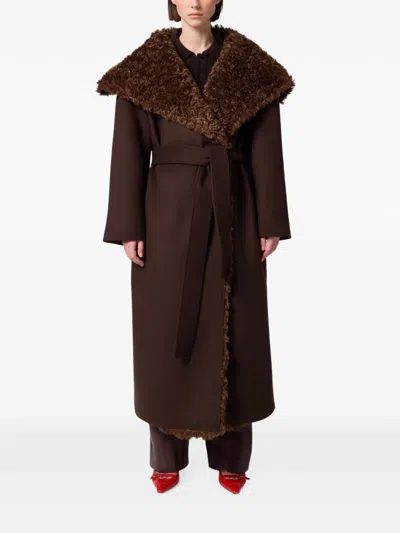 Msgm Shearling-trim Belted Coat In Brown