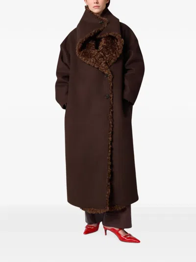 Msgm Shearling-trim Belted Coat In Brown