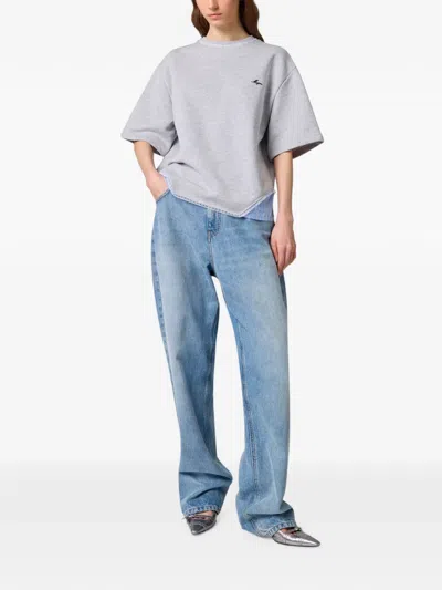 Msgm Lace-trim Logo-embroidered T-shirt In Grey