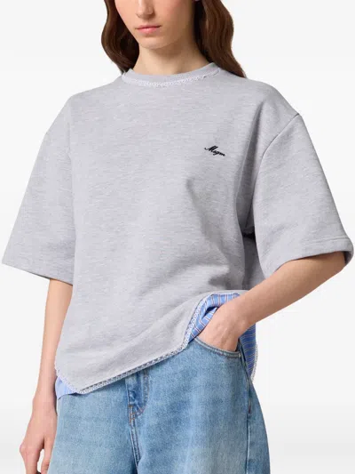 Msgm Lace-trim Logo-embroidered T-shirt In Grey