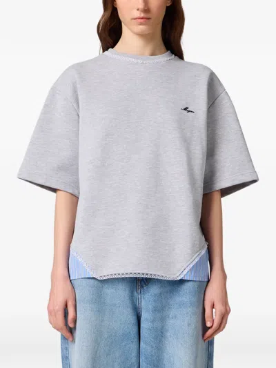 Msgm Lace-trim Logo-embroidered T-shirt In Grey