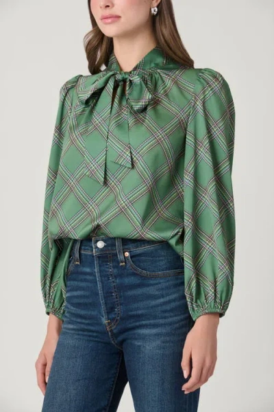 Shoshanna Dashed Plaid Satin Charmeuse Rye Top In Olive Multi
