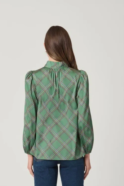 Shoshanna Dashed Plaid Satin Charmeuse Rye Top In Olive Multi