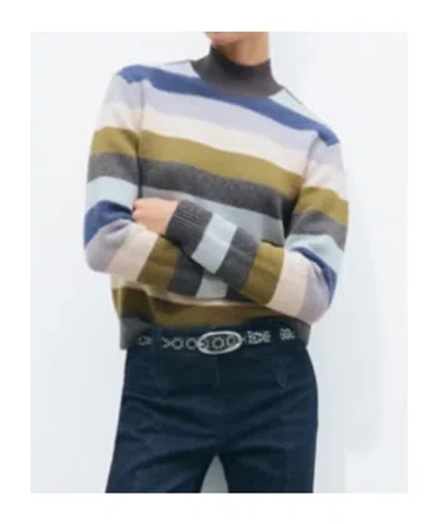 Tory Burch Wool Turtleneck Sweater In Graphite Polychromatic Stripe