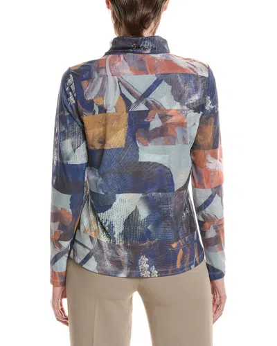 Picadilly Mock Neck Printed Mesh Top In Blue