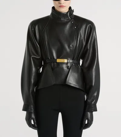 Balmain Pony-effect Leather Peplum Jacket In Black