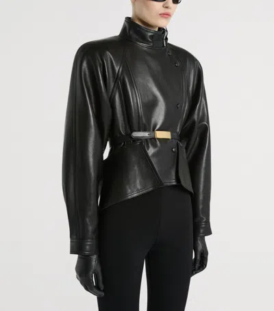 Balmain Pony-effect Leather Peplum Jacket In Black