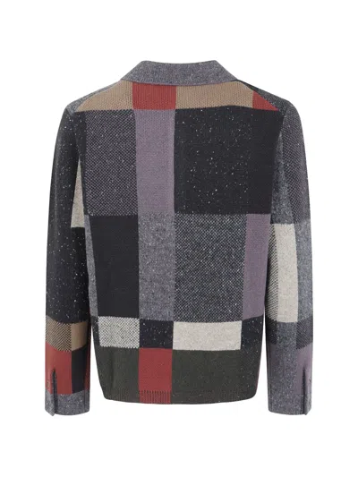 Ps By Paul Smith Black Wool-blend Rich Tone Patchwork Button-up Sweater In Gray