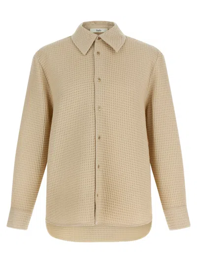 Séfr Sefr Waffle Knit Pointed Collar Button Closure Long Cuffed Sleeves Shirt In Beige