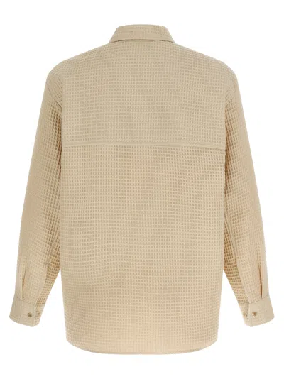 Séfr Sefr Waffle Knit Pointed Collar Button Closure Long Cuffed Sleeves Shirt In Beige