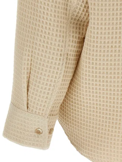 Séfr Sefr Waffle Knit Pointed Collar Button Closure Long Cuffed Sleeves Shirt In Beige