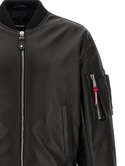 Dsquared2 Leather Bomber Jacket In Black