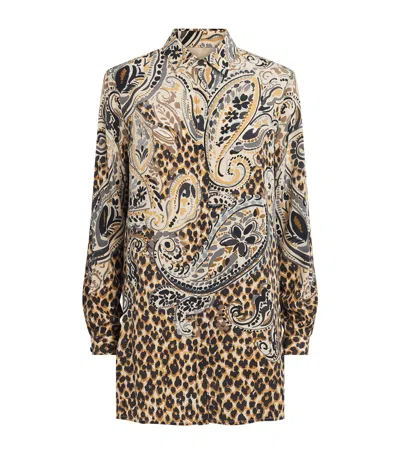 Etro Multicolor Shirt With Classic Collar And All-over Floral Animalier Silk In Beige
