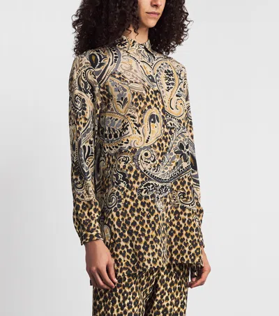 Etro Multicolor Shirt With Classic Collar And All-over Floral Animalier Silk In Beige