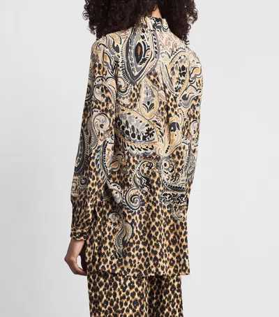Etro Multicolor Shirt With Classic Collar And All-over Floral Animalier Silk In Beige
