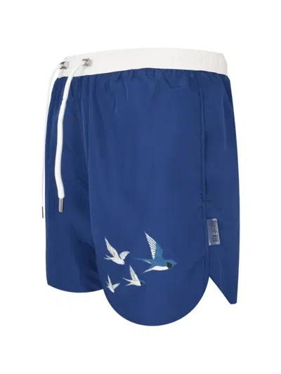 Exit Society Bird-print Drawstring Swim Shorts In Blue