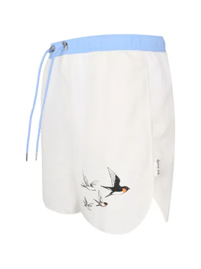 Exit Society Bird-print Drawstring Swim Shorts In Neutrals