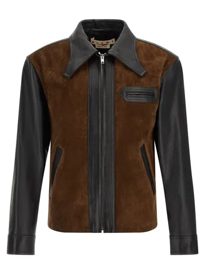 Marni Black Leather Jacket With Split-leather Front Panel In Black
