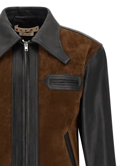 Marni Black Leather Jacket With Split-leather Front Panel In Black