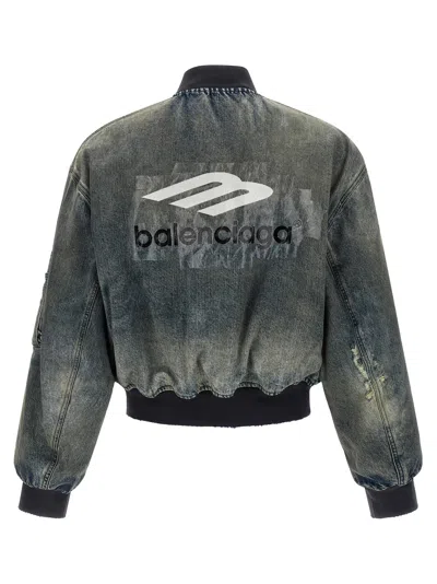 Balenciaga Stone-washed Denim Bomber Jacket In Gray