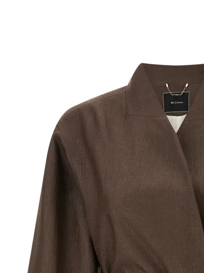 Kiton Linen Blend Wrap Blazer In Brown