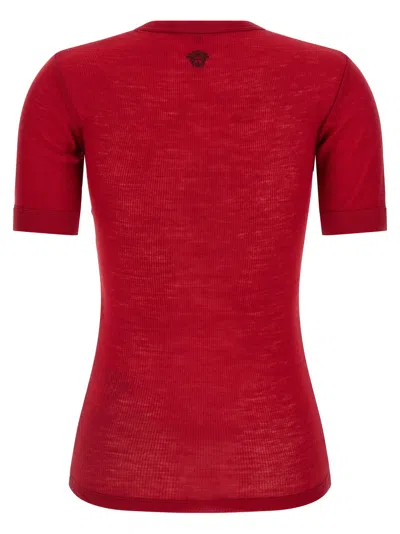 Versace Logo-embroidered Virgin Wool T-shirt In Red