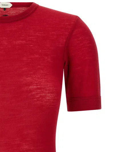 Versace Logo-embroidered Virgin Wool T-shirt In Red