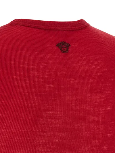 Versace Logo-embroidered Virgin Wool T-shirt In Red