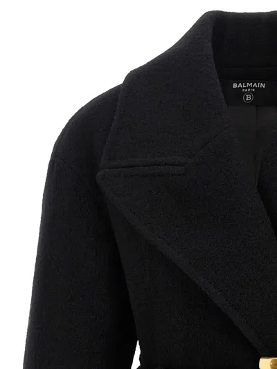 Balmain Short Wool Wrap Coat In Black