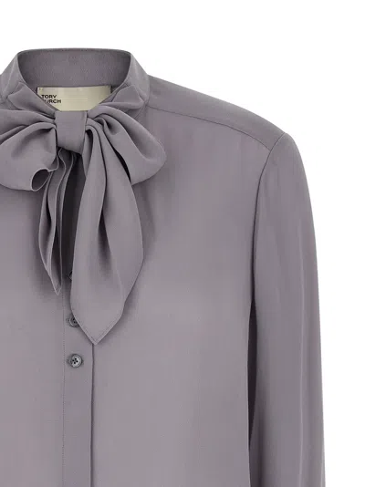 Tory Burch Georgette Bow Blouse In Grey