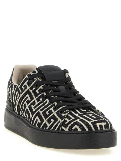 Balmain B-court Sneakers In Leather And Monogram Jacquard In Black