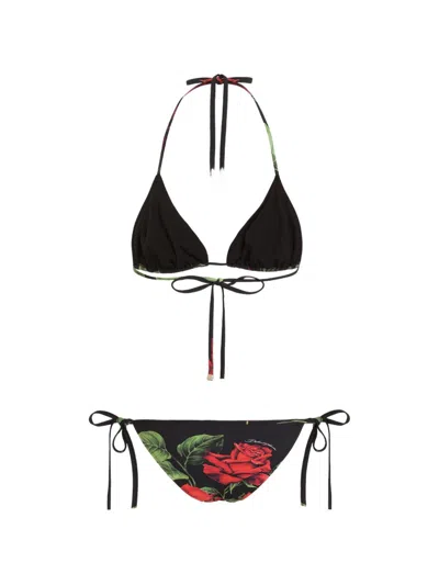 Dolce & Gabbana Rose Print Triangle Bikini In Black