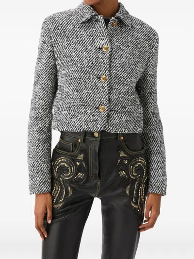 Versace Wool Boucle Jacket Contrast Buttons Cropped In Gray