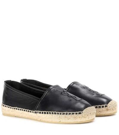 Saint Laurent Logo Embossed Calf Leather Flat Espadrilles In Black