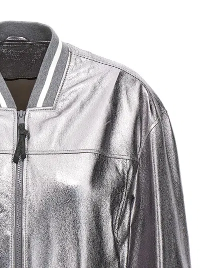 Brunello Cucinelli Laminated Leather Bomber Jacket In Silver