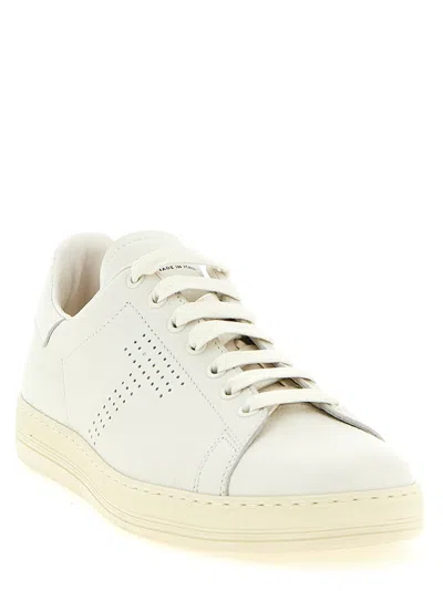 Tom Ford Perforated-logo Leather Sneakers In White