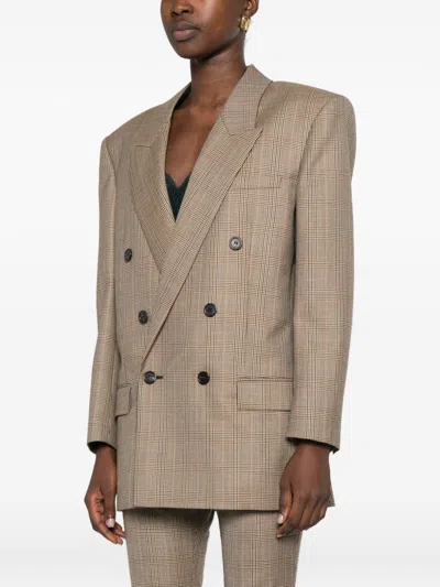 Saint Laurent Check Pattern Double-breasted Blazer In Brown