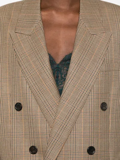 Saint Laurent Check Pattern Double-breasted Blazer In Brown